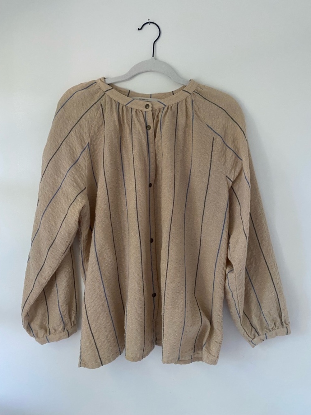 Relaxed Blouse, Tan, Gray Stripes, Gold Threading